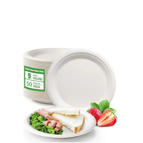 50 pcs 9 inch 100% Biodegradable Eco Friendly Organic Sugarcane Pulp Bagasse Dry Fruit Salad Plate