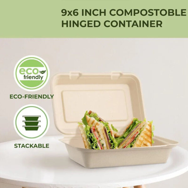 50 pcs Harvest Pack 9 X 6 inch Square Hinged Containers,Flip Top Take Out Boxes,Heavy Duty Bagasse Food Containers - Image 6