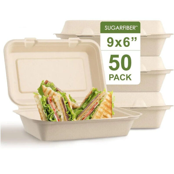 50 pcs Harvest Pack 9 X 6 inch Square Hinged Containers,Flip Top Take Out Boxes,Heavy Duty Bagasse Food Containers - Image 2