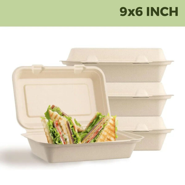 50 pcs Harvest Pack 9 X 6 inch Square Hinged Containers,Flip Top Take Out Boxes,Heavy Duty Bagasse Food Containers
