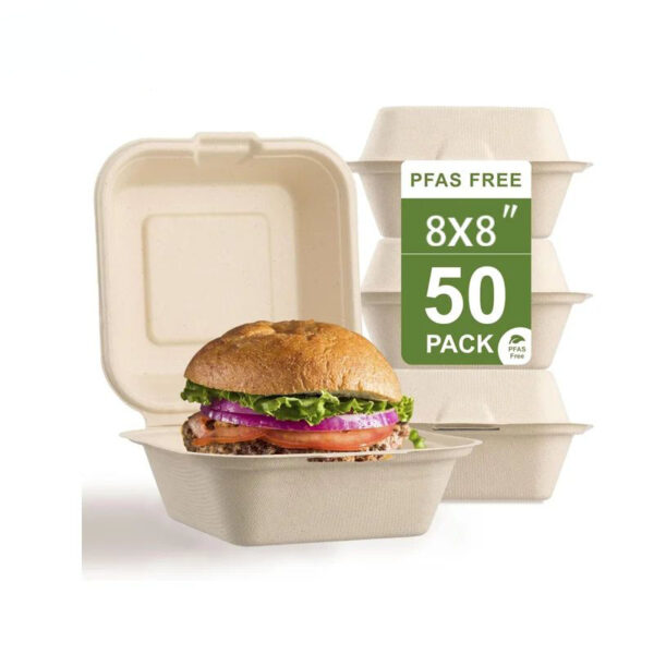 50 PCs 8 X 8 Inch Flip Top Food Containers,Heavy Duty Hinged Containers,Disposable Bagasse Eco Friendly Natural Take Out Boxes
