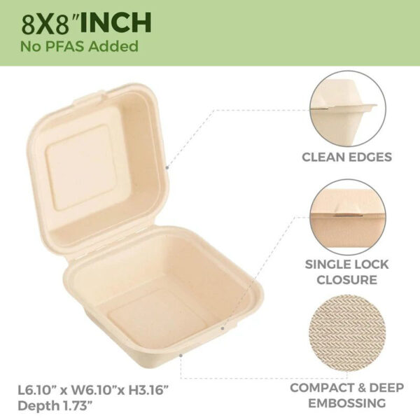 50 PCs 8 X 8 Inch Flip Top Food Containers,Heavy Duty Hinged Containers,Disposable Bagasse Eco Friendly Natural Take Out Boxes - Image 3