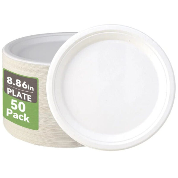 50-Pack 22.5cm Round Paper Plates - Eco-Friendly Bagasse Disposable Plates for BBQ, Parties, Dinner, and Picnics