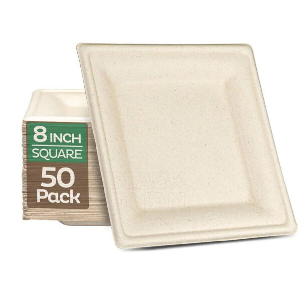 50 pcs Eco-Friendly Bagasse Disposable Food Containers - Heavy Duty Square Plate Natural Brown 20.32cm