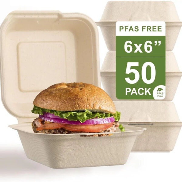 50 pcs Harvest Pack without Square Hinged Container, Single Compartment Flip Top Takeout Container, Heavy Duty Bagasse Container