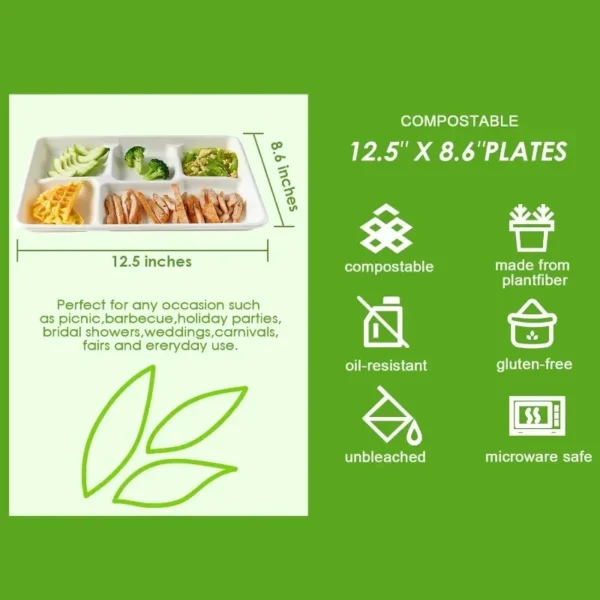 100% Compostable 5 Compartment Paper Plates, 100 Pack, 12.5 * 8.6 inch Disposable School Lunch Trays,Eco-Friendly Bagasse Plates - Image 3