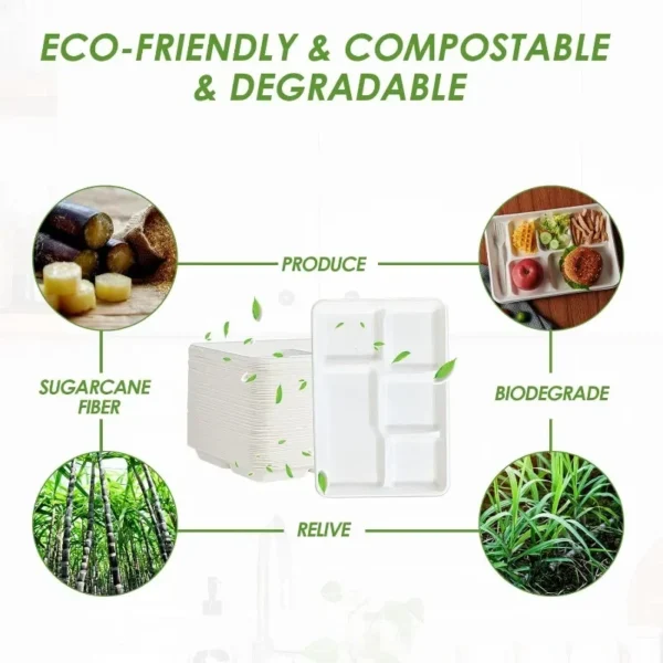 100% Compostable 5 Compartment Paper Plates, 100 Pack, 12.5 * 8.6 inch Disposable School Lunch Trays,Eco-Friendly Bagasse Plates - Image 5