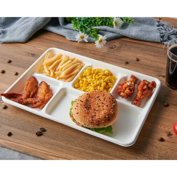 100% Compostable 5 Compartment Paper Plates, 100 Pack, 12.5 * 8.6 inch Disposable School Lunch Trays,Eco-Friendly Bagasse Plates - Image 2