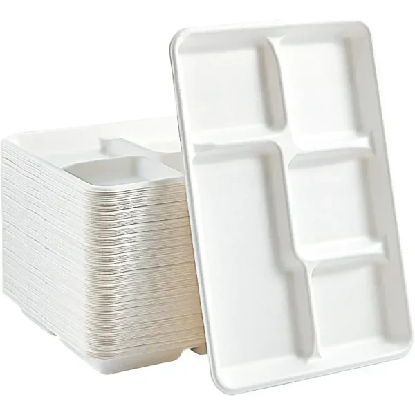 100% Compostable 5 Compartment Paper Plates, 100 Pack, 12.5 * 8.6 inch Disposable School Lunch Trays,Eco-Friendly Bagasse Plates