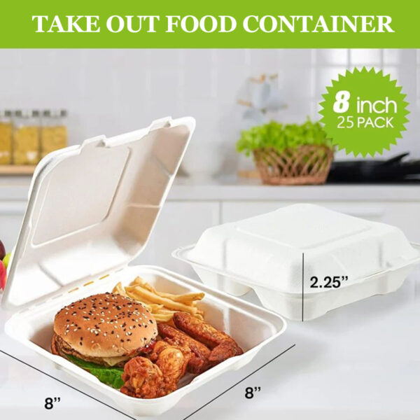 25 8X8 inch clamshell food containers,100% compostable disposable portable containers, heavy duty food boxes - Image 4