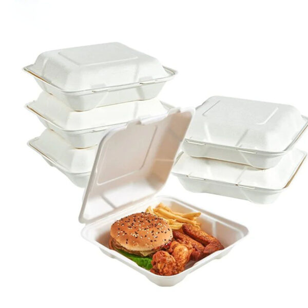 25 8X8 inch clamshell food containers,100% compostable disposable portable containers, heavy duty food boxes